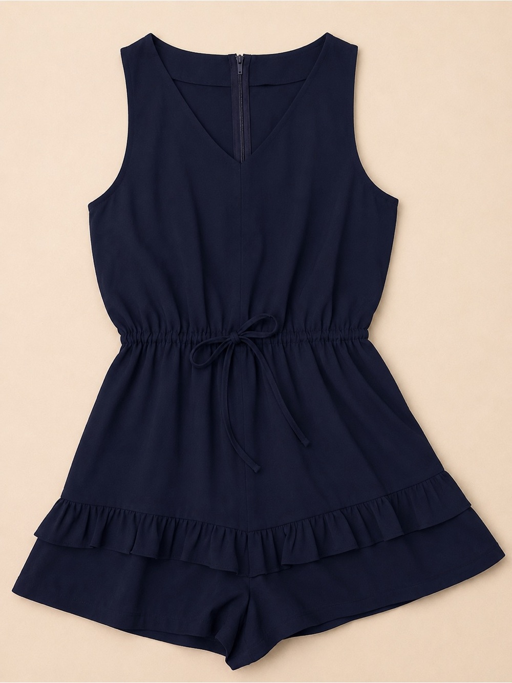 Navy Ruffle Hem Sleeveless Romper | Tie Waist | Size Small - Picture 2 of 4